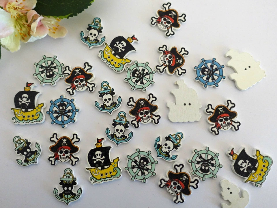 5 Knöpfe Pirat Skull Maritim Schiff Anker Knöpfe Kinder Jungen schwarz weiß rot - Bild 4 von 4