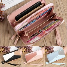 Women Long Leather Wallet Double Zipper Card Slots Clutch Wristlet Handbag Purse