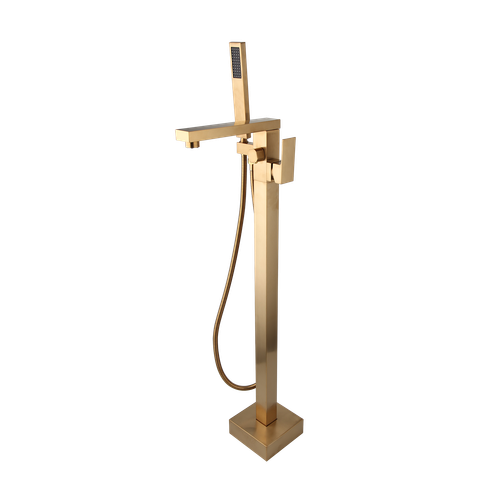 Brushed Gold Floor Mount Free Standing Tub Mixer Faucet Filler Hand Shower Tap - Picture 11 of 56