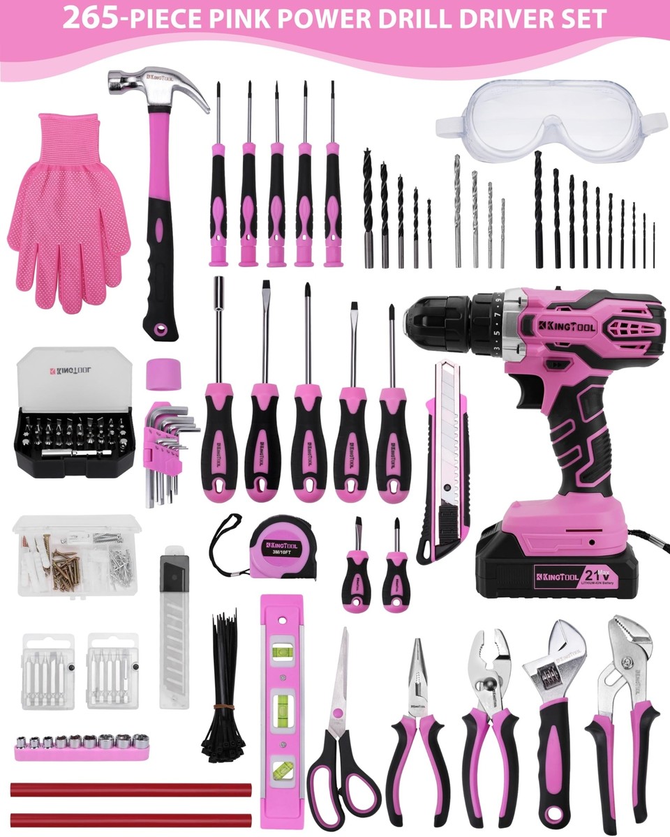 KingTool 267-Piece Tool Kit Set - Pink Tool Set with 21V Crodless
