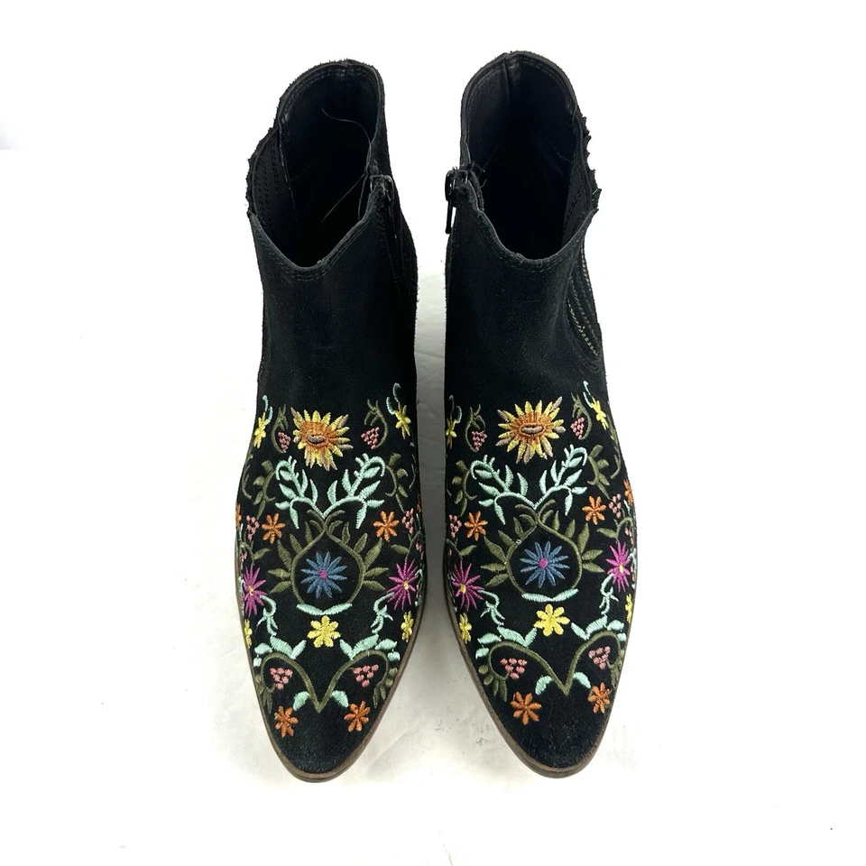 Botines Diba 7.5 Negro Gamuza Bordado Floral Boho Botines con Cremallera para Mujer Foto 2 de 4