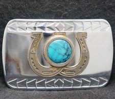 XD29144 VINTAGE 1970s HORSESHOES  TURQUOISE WESTERN FASHION MENS BELT BUCKLE