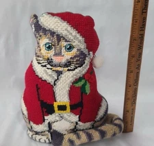 Vintage Centrum Corp Needlepoint Christmas Kitty Cat Standing Plush Santa Cat