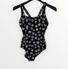 Vintage Woman s Lands End Swim Suit 14 Long XL Black White Stars Made In USA