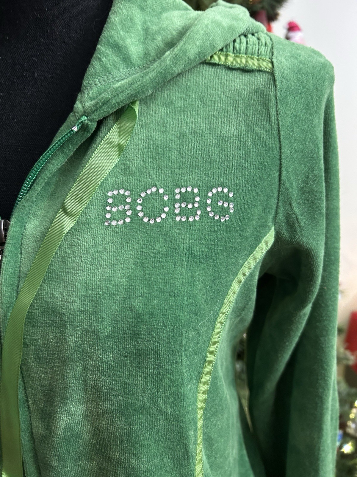Vtg BCBG Green Velour Track Full Hoodie Y2K Size … - image 2