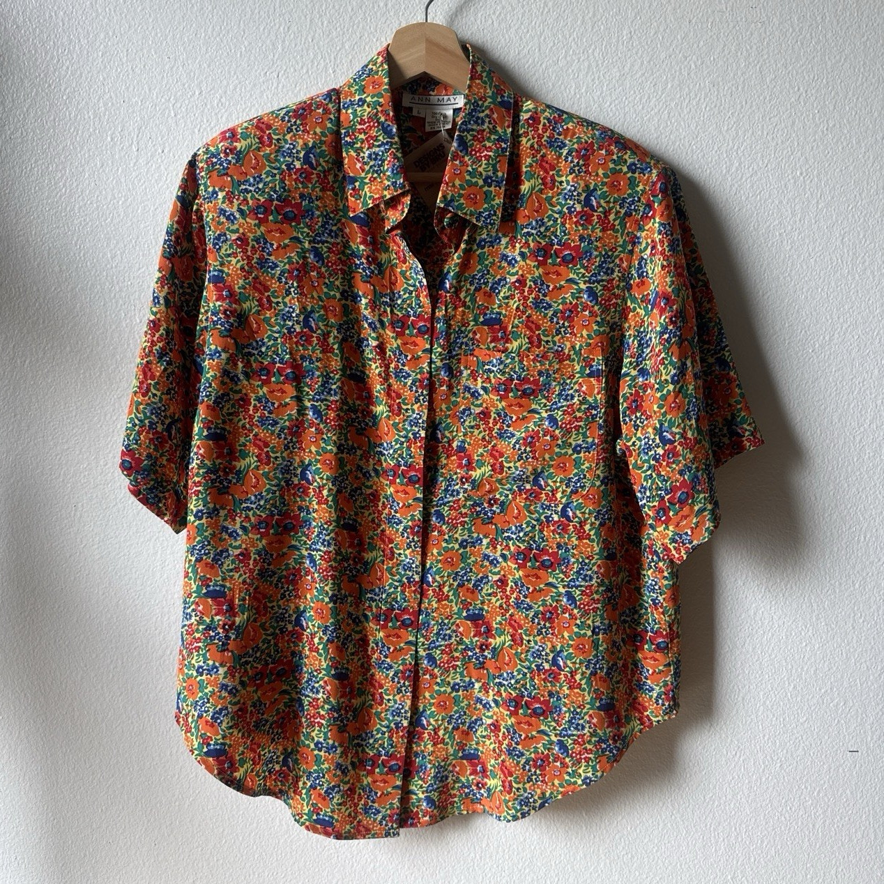Ann May Floral Button-Up Shirt Women's size L Multicolor Cotton Short Sleeve