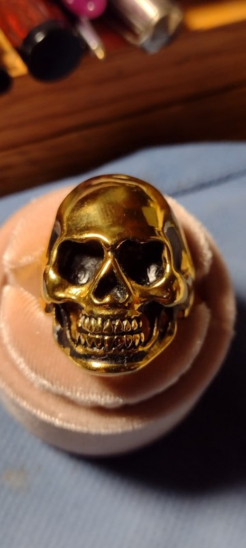 Men's Heavy Skull Biker Ring/ Stainless Steel - Gold Tone