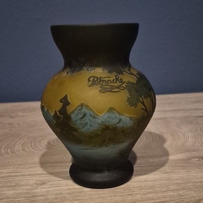 Petrache Hand Painted Landscape Glass Vase, Trees & Mountains, Signed