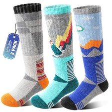 3 Pairs Kids Merino Wool Ski Socks Boys Girls 8-12 Years Skate-green Blue Grey