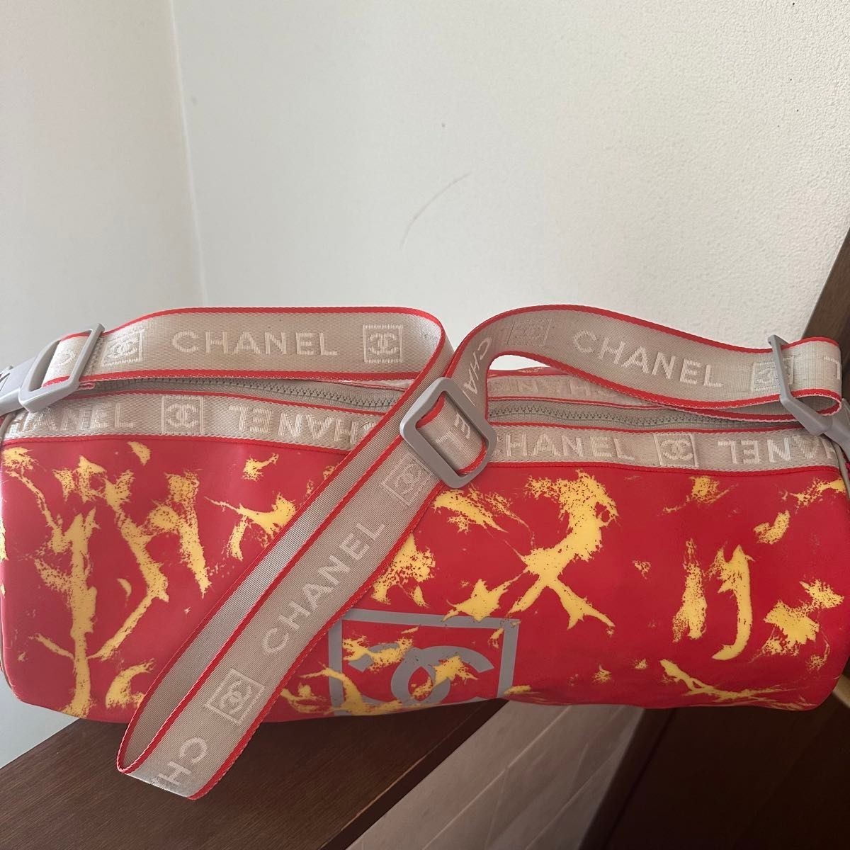 CHANEL Sport Line Duffle Bag Logo Print Nylon Shoulder Travel Red