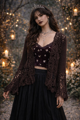 VTG Nine West Cardigan Small Brown Ramie Open Crochet Bell Sleeve Boho Y2K Fairy