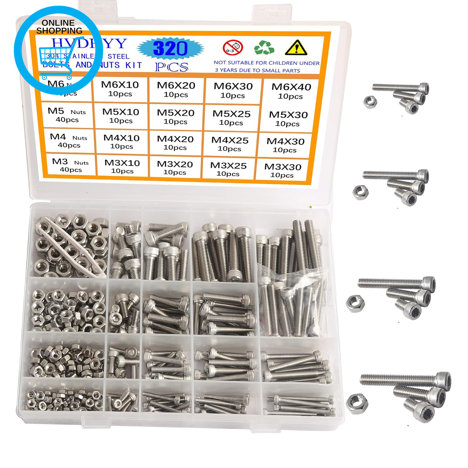 M3 M4 M5 M6 Nut and Bolt Set Machine Screws & Nuts Assortment Kit 304 Stainless