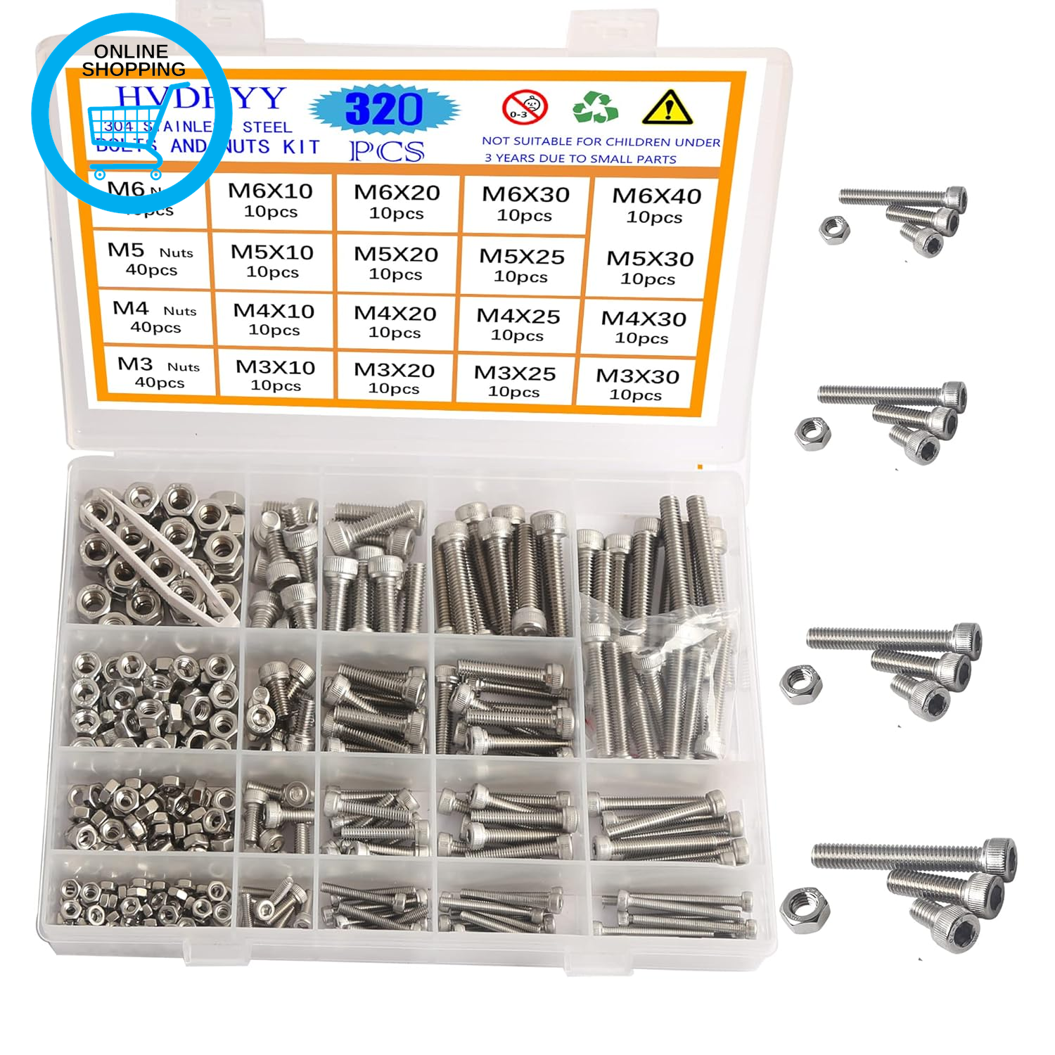 M3 M4 M5 M6 Nut and Bolt Set Machine Screws & Nuts Assortment Kit 304 Stainless