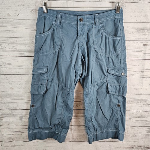Kuhl Womens Capri Pants Sz 8 Blue Mid Rise Cargo Pockets Cotton Blend