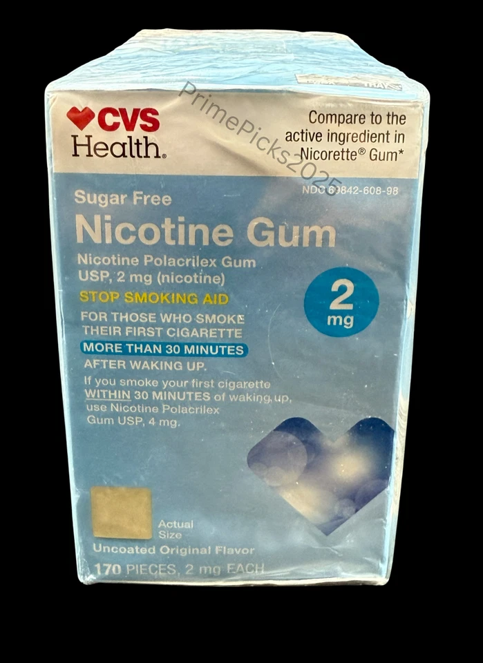 Goma de nicotina CVS Health 2mg 170ct ajuda para parar de fumar sem revestimento validade 02/2028 🚭💙 - Imagem 3 de 4