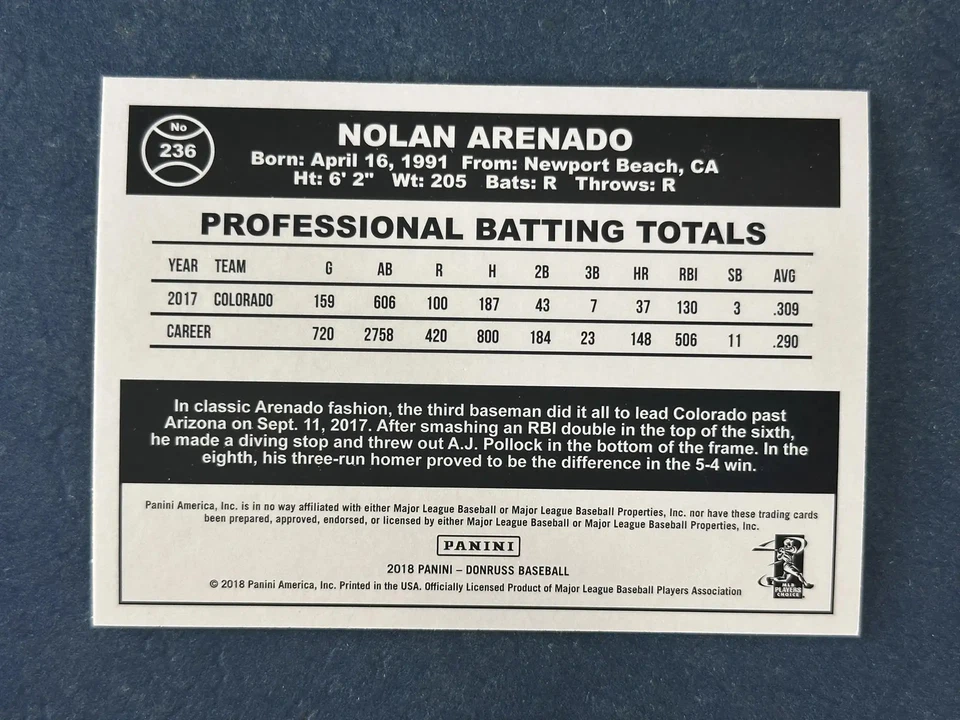 2018 Donruss Green Foil #236 Nolan Arenado Colorado Rockies - Image 2 of 2