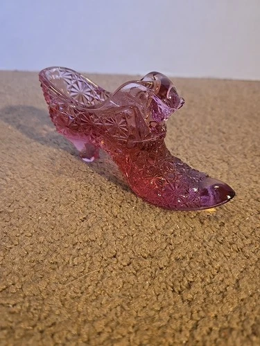 Fenton Stamped Pink Cat Head Slipper Glass Shoe Daisy & Button Vintage Trinket