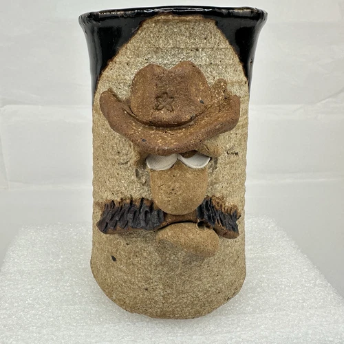 Vtg UGLY FACE Mug Stoneware Beer Stein Funny Man Mustache 3D Cowboy Brown