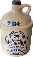 Vtg. McCormick 101 Proof Gin Stoneware Jug, Empty with Lid. Four Fifth Quart