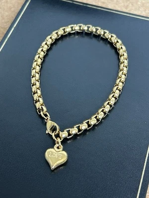 9ct GF Solid 20cm Heavy T-L Love Heart Belcher Bracelet Gold Filled - Image 1 of 4