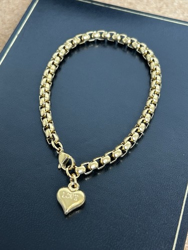 9ct GF Solid 20cm Heavy T-L Love Heart Belcher Bracelet Gold Filled