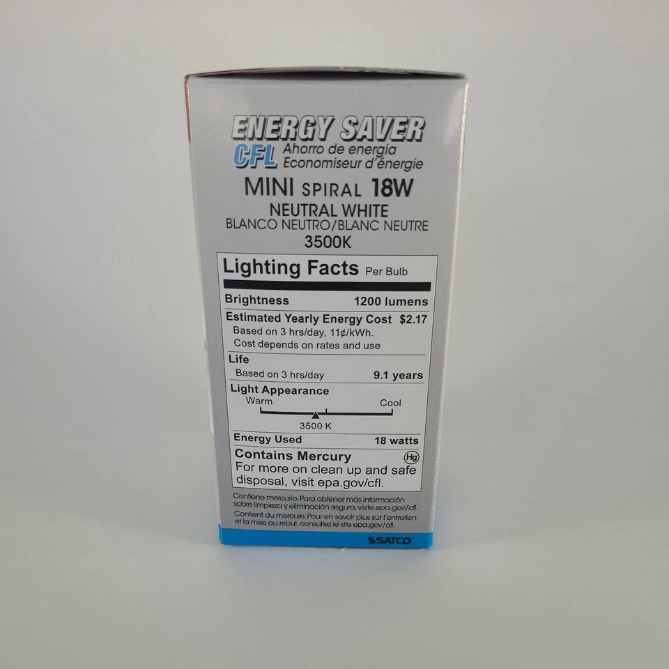 Bombilla fluorescente compacta espiral Satco S8229 18GU24/35 18W 120V T2 GU24 3500K Foto 4 de 4