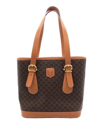 CELINE Macadam Brown Canvas Leather Tote Bag Interior Pocket Italy Auth