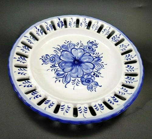 Vintage Vestal Alcobaca Blue White Floral Portugal Pierced Rimmed Plate 9 inch