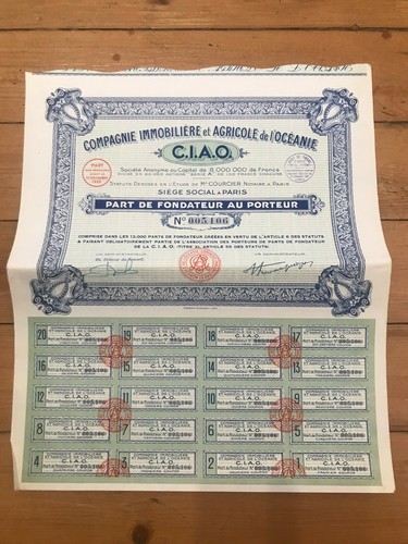 C.I.A.O. Cie Immobilière & Agricole de l'OCEANIE, part de fondateur (F) - 第 1/1 張圖片