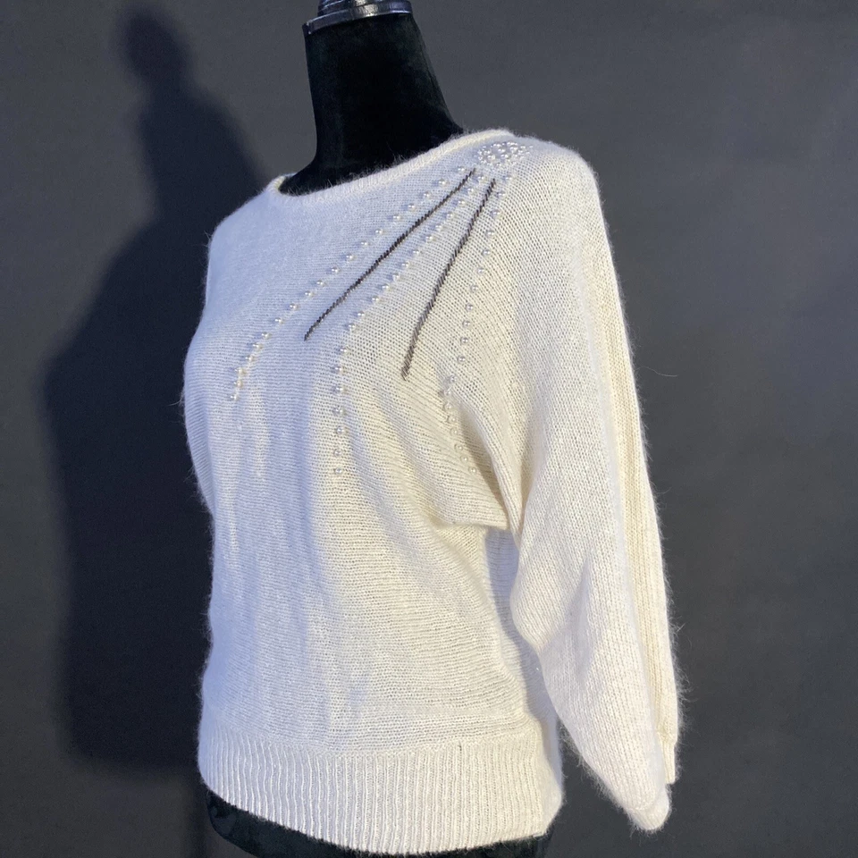 Suéter De Colección Margules MED Suave Seda Angora Blanco Perla Cuentas Dolman Sl Elegante Foto 4 de 4