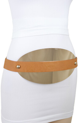 Women Mocha Brown Color Elastic Wide Belt Hip Waist Oval Gold Metal Plate S M