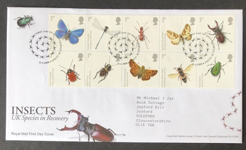 GB 2008 FDC UK SPECIES IN RECOVERY - INSECTS - SPECIAL CRAWLEY PMK - FREE UK P&P