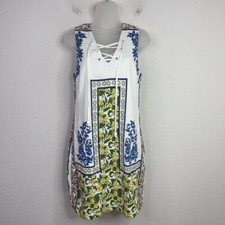 Plenty By Tracy Reese Dress Womens XS Blue Yellow Floral Lace Up Boho Coastal