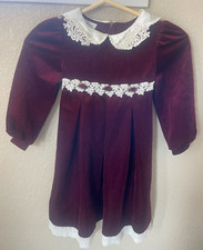 Vintage BONNIE JEAN Velvet Maroon Dress 5T Girls Christmas Lace Collar  Trim