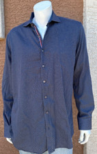 Bugatchi Geometric Button Up Blue Long Sleeve Dress Shirt Shaped Fit 17 neck