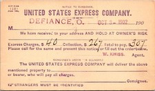 Defiance Ohio US Express Company Collections Recipient Owes $307 1902 Postcard