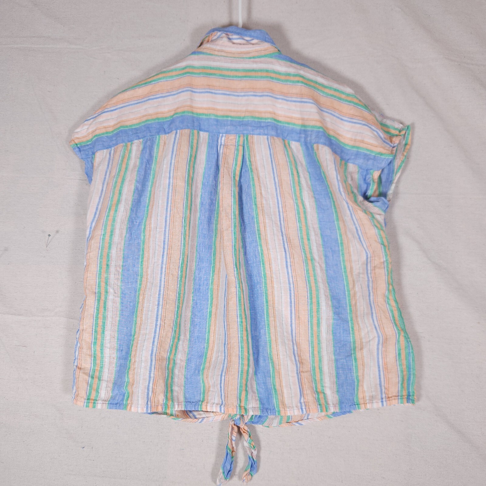 Talbots Linen Button Front Shirt Womens Medium Short Sleeve Tie Hem Striped