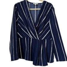 H by Halston Navy Striped Blouse