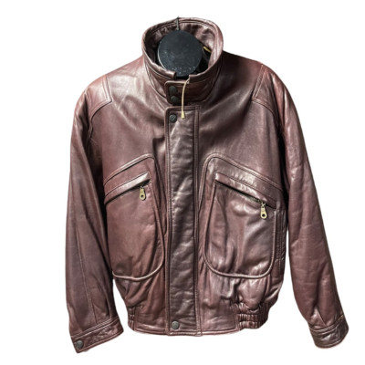 Bi Bi Firenze Mens Moto Bomber Jacket Brown Lined Zip Leather Italy Vera Pele XL