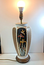 Vintage Japanese Kutani Style Vase Lamp Floral Bird Design Porcelain Ceramic 70s