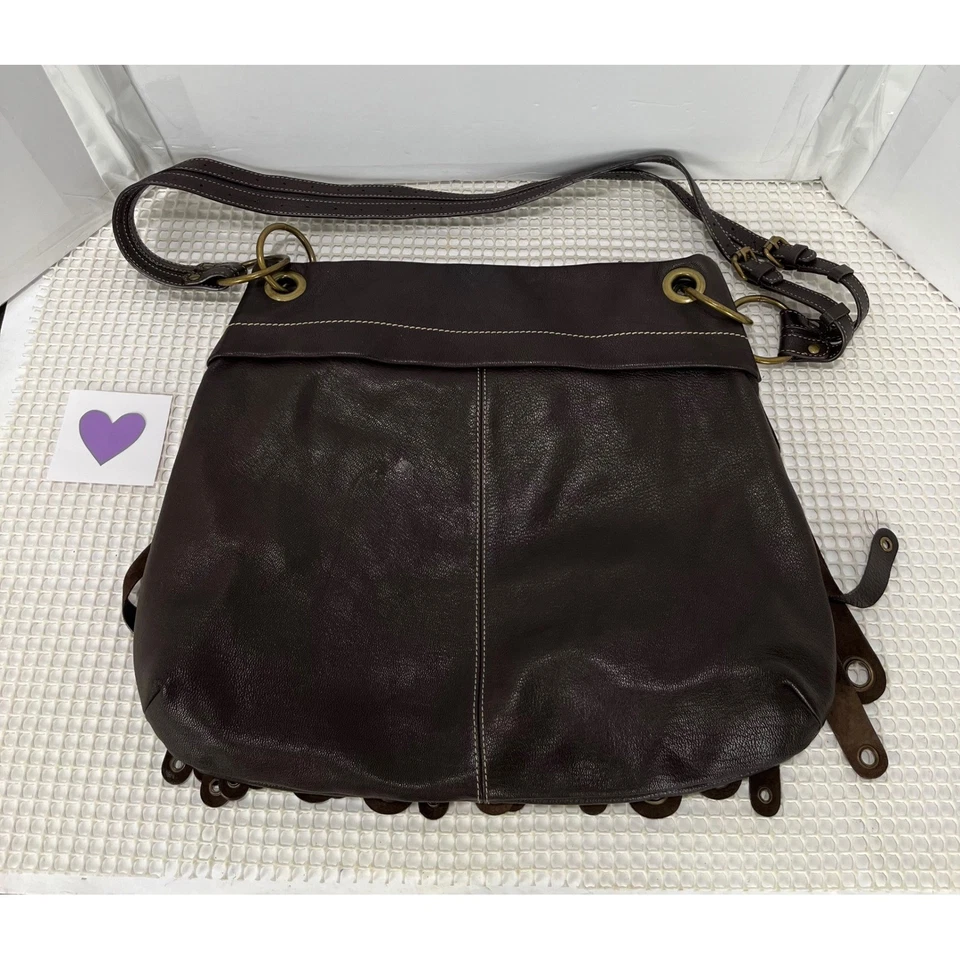 Bolso de Hombro Maxx New York Cuero Flecos Hobo Ojal Flecos Marrón Foto 2 de 4