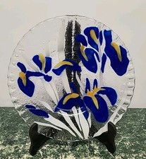 Vintage Peggy Karr Signed Fused Art Glass Iris Salad Luncheon Dish 8"