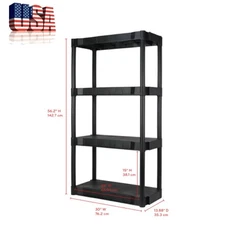 Black Plastic Garage Shelves Storage Organizer 4-Tier Heavy Duty Shelving Unit