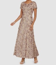 Alex Evenings Women's Beige Rosette Crewneck Short Sleeve A-Line Dress Size 14