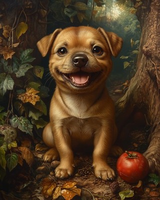 8x10 Art Print Dog Forest Painting Sitting - 580435621