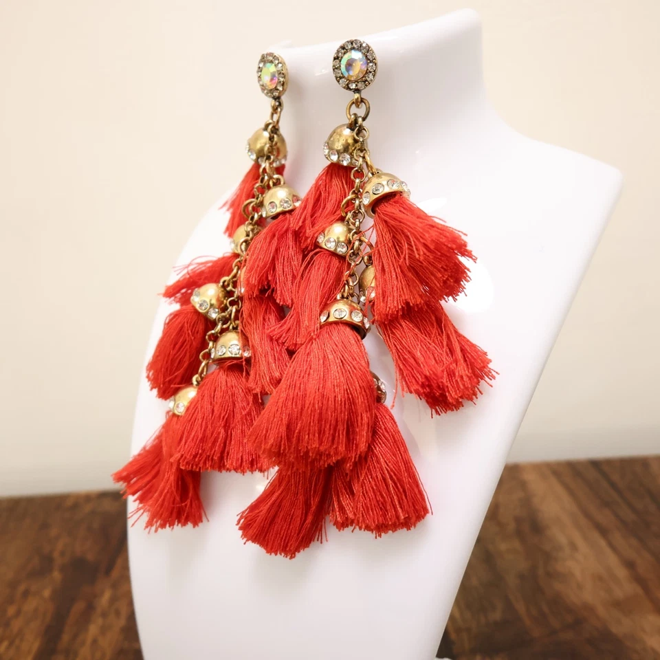Tassel earrings chandelier cascading red satin clear AB crystals goldtone caps - Image 2 of 4