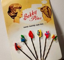 Vintage 1960s Bobby Pins Hand Painted Hats Hair Grips Retro Slide Original Card