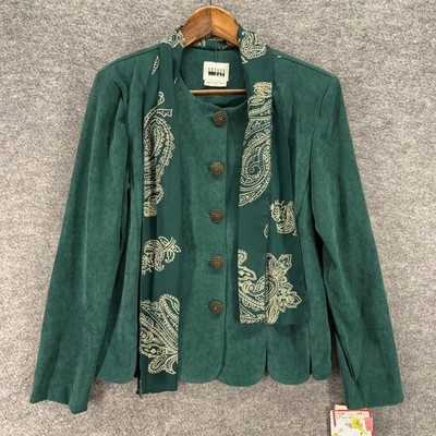 New Leslie Fay Jacket Women 12 Green Floral Button Up Long Sleeve Crew Neck