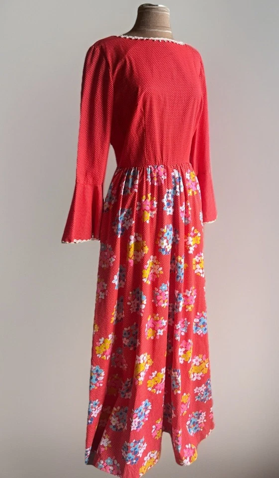 VTG 70s Maxi Dress Bell Sleeves B Cohen Neiman Marcus Hostess Boho Flower Power - Image 2 of 4