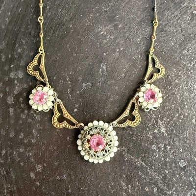  Art Deco Czech Pink Glass Necklace | 1920s Filigree Gilt Brass Floral 16 